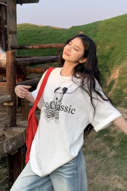 Korean Style Dog Print Round Neck Short Sleeve T-Shirt for Women - 2025 Summer Loose Slim Fit Top