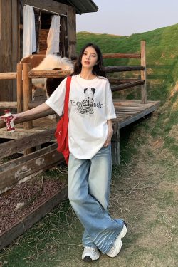 Korean Style Dog Print Round Neck Short Sleeve T-Shirt for Women - 2025 Summer Loose Slim Fit Top