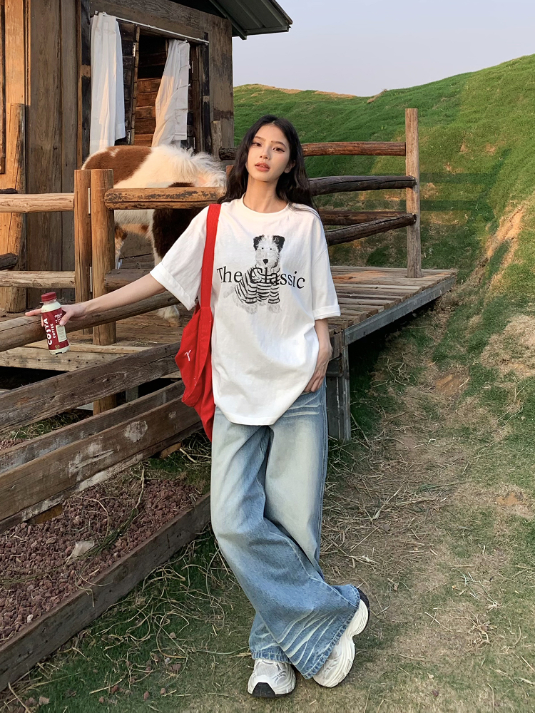 Korean Style Dog Print Round Neck Short Sleeve T-Shirt for Women - 2025 Summer Loose Slim Fit Top Korean Style Dog Print Round Neck Short Sleeve T-Shirt for Women - 2025 Summer Loose Slim Fit Top