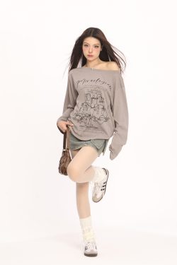 Korean Style Graffiti Off-Shoulder Long Sleeve T-Shirt for Women - Summer Sun Protection Cover-Up, Lightweight & Airy