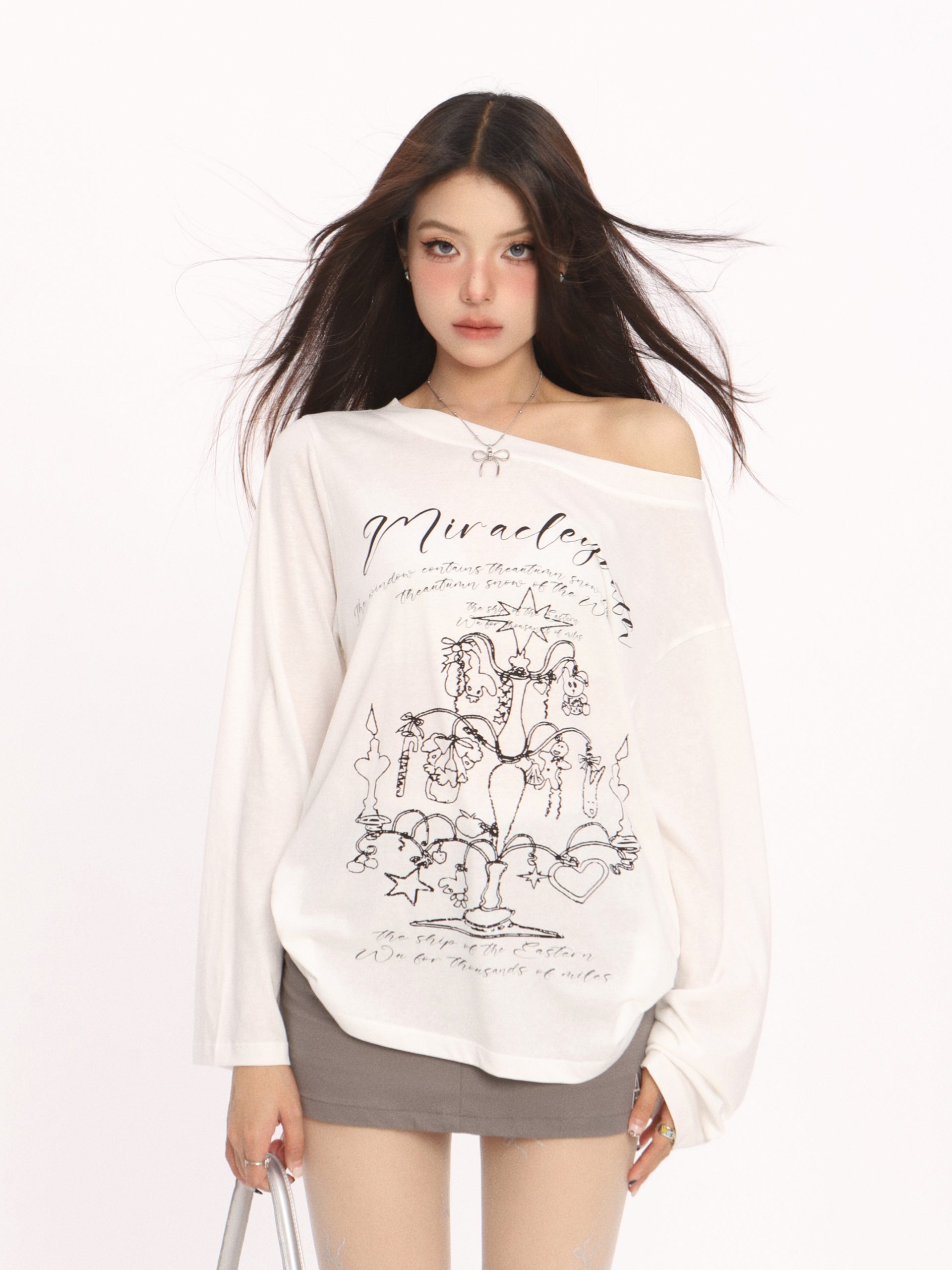 Korean Style Graffiti Off-Shoulder Long Sleeve T-Shirt for Women - Summer Sun Protection Cover-Up, Lightweight & Airy Korean Style Graffiti Off-Shoulder Long Sleeve T-Shirt for Women - Summer Sun Protection Cover-Up, Lightweight & Airy