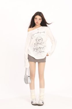 Korean Style Graffiti Off-Shoulder Long Sleeve T-Shirt for Women - Summer Sun Protection Cover-Up, Lightweight & Airy