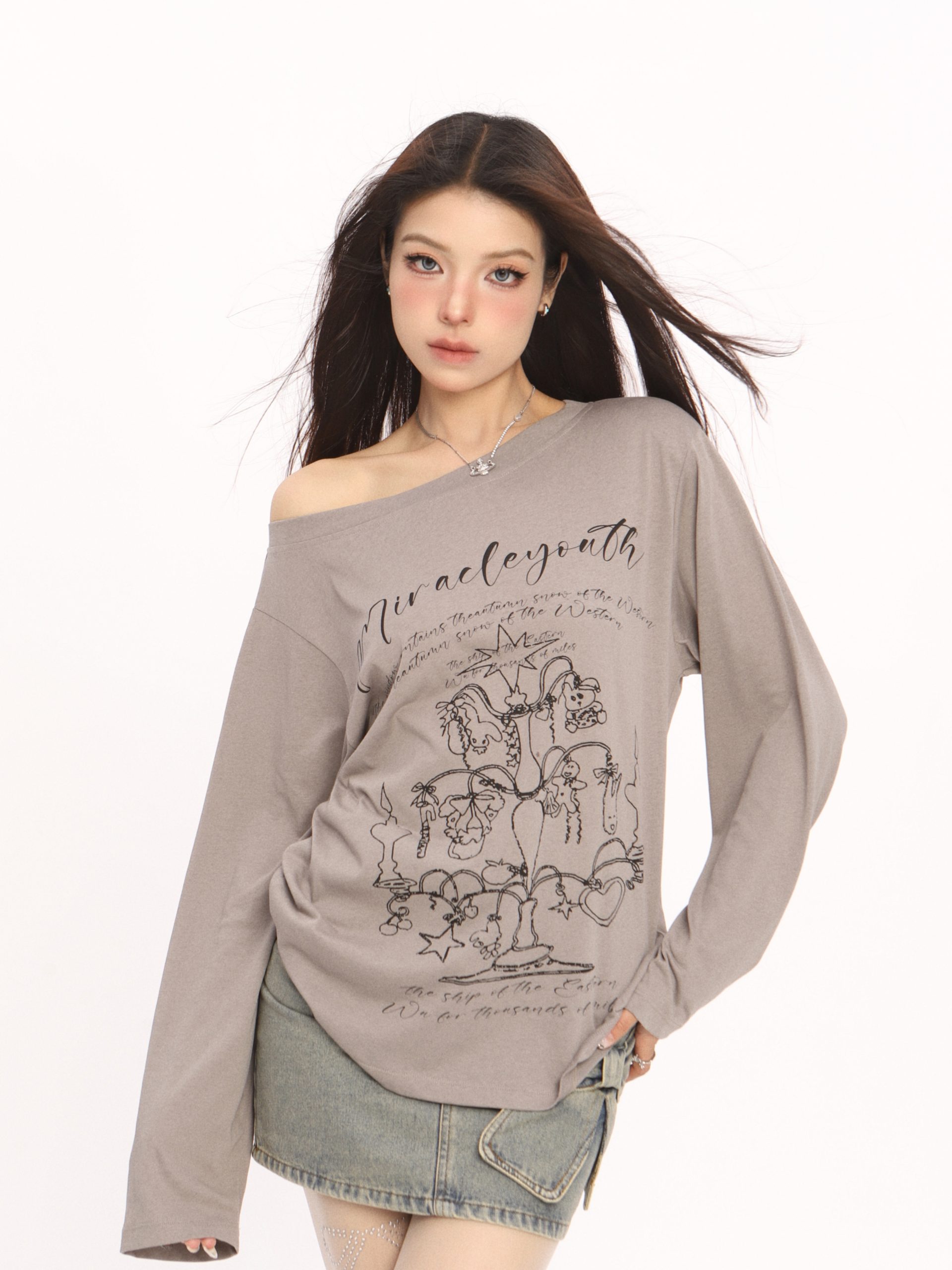 Korean Style Graffiti Off-Shoulder Long Sleeve T-Shirt for Women - Summer Sun Protection Cover-Up, Lightweight & Airy Korean Style Graffiti Off-Shoulder Long Sleeve T-Shirt for Women - Summer Sun Protection Cover-Up, Lightweight & Airy