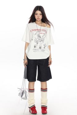 Korean Style Graffiti Off-Shoulder Sleeveless T-Shirt for Women - Summer Loose Casual Top