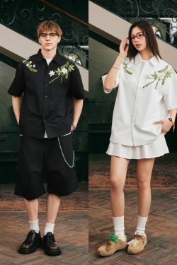 Korean-Style Green Floral Embroidered Cuban Collar Short Sleeve Shirt for Couples - Loose Fit Vacation Wear