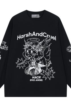 Korean Style Hand-Drawn Graffiti Long Sleeve T-Shirt for Couples, Loose Fit, Lazy Wind Angel Elf Design