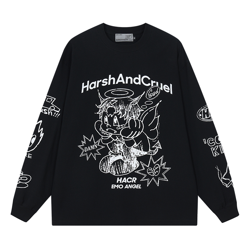 Korean Style Hand-Drawn Graffiti Long Sleeve T-Shirt for Couples, Loose Fit, Lazy Wind Angel Elf Design Korean Style Hand-Drawn Graffiti Long Sleeve T-Shirt for Couples, Loose Fit, Lazy Wind Angel Elf Design