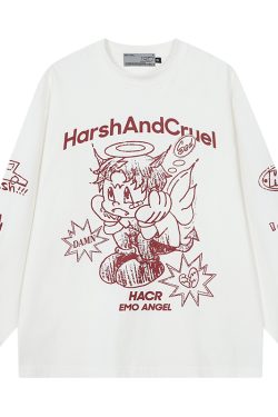 Korean Style Hand-Drawn Graffiti Long Sleeve T-Shirt for Couples, Loose Fit, Lazy Wind Angel Elf Design