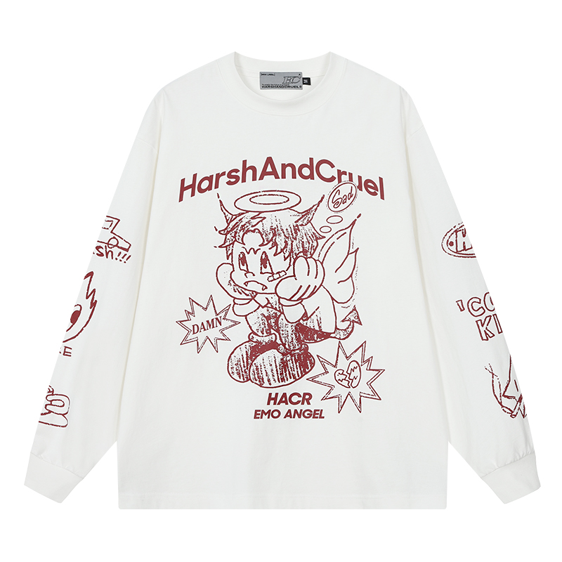 Korean Style Hand-Drawn Graffiti Long Sleeve T-Shirt for Couples, Loose Fit, Lazy Wind Angel Elf Design Korean Style Hand-Drawn Graffiti Long Sleeve T-Shirt for Couples, Loose Fit, Lazy Wind Angel Elf Design