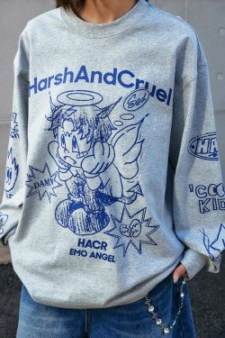Korean Style Hand-Drawn Graffiti Long Sleeve T-Shirt for Couples, Loose Fit, Lazy Wind Angel Elf Design