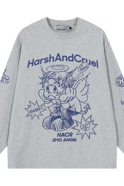 Korean Style Hand-Drawn Graffiti Long Sleeve T-Shirt for Couples, Loose Fit, Lazy Wind Angel Elf Design