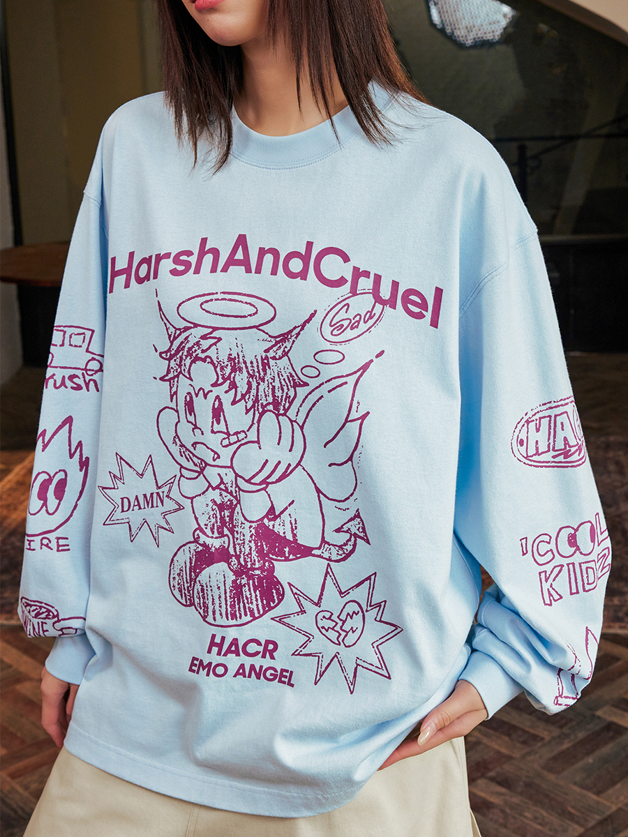 Korean Style Hand-Drawn Graffiti Long Sleeve T-Shirt for Couples, Loose Fit, Lazy Wind Angel Elf Design Korean Style Hand-Drawn Graffiti Long Sleeve T-Shirt for Couples, Loose Fit, Lazy Wind Angel Elf Design