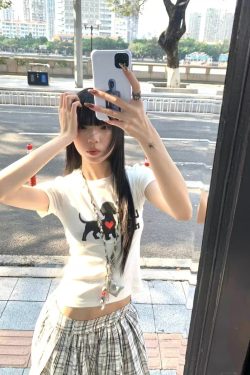 Korean Style Heart Dog Print Short Sleeve T-Shirt for Women - 2025 Summer American Retro Slim Fit Fashion Top