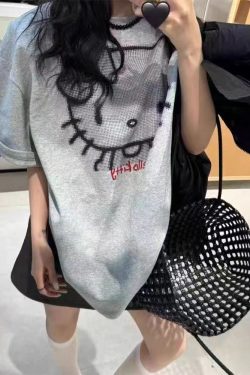 Korean Style Hello Kitty Cartoon Printed Short Sleeve T-Shirt for Women - Loose Fit, Versatile, Age-Reducing Top