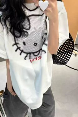 Korean Style Hello Kitty Cartoon Printed Short Sleeve T-Shirt for Women - Loose Fit, Versatile, Age-Reducing Top