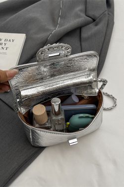 Korean Style High-End Silver Handbag for Women - Laser Cut Small Square Crossbody Bag with Chain Shoulder Strap, Spring/Summer 2025