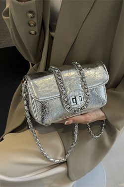 Korean Style High-End Silver Handbag for Women - Laser Cut Small Square Crossbody Bag with Chain Shoulder Strap, Spring/Summer 2025