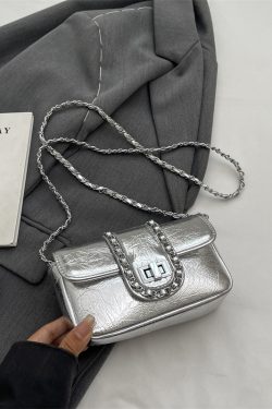 Korean Style High-End Silver Handbag for Women - Laser Cut Small Square Crossbody Bag with Chain Shoulder Strap, Spring/Summer 2025