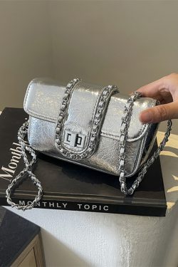 Korean Style High-End Silver Handbag for Women - Laser Cut Small Square Crossbody Bag with Chain Shoulder Strap, Spring/Summer 2025