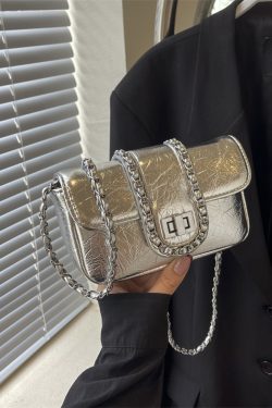 Korean Style High-End Silver Handbag for Women - Laser Cut Small Square Crossbody Bag with Chain Shoulder Strap, Spring/Summer 2025