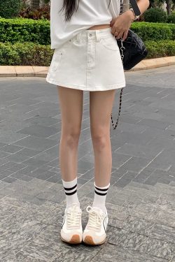 Korean Style High Waist White A-Line Denim Skirt Shorts for Women - Slimming, Versatile Summer Fashion with Pockets