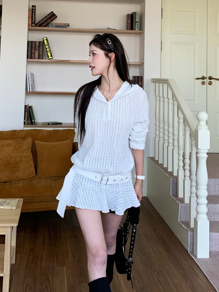 Korean Style Lace Hollow Long Sleeve Knitted Top - Unique Chic Hooded Dress for Spring Summer - Trendy 3MER Inspired Look Korean Style Lace Hollow Long Sleeve Knitted Top - Unique Chic Hooded Dress for Spring Summer - Trendy 3MER Inspired Look