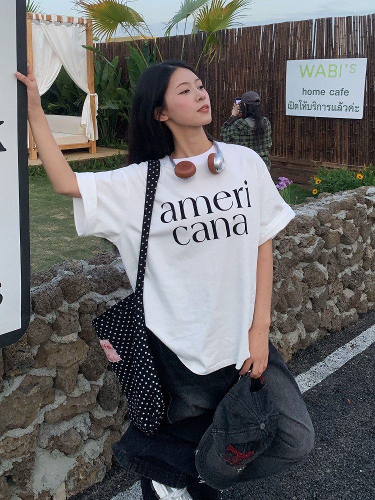 Korean Style Loose Casual Short Sleeve T-Shirt for Women with American Letter Print - Summer Round Neck Couple Top Korean Style Loose Casual Short Sleeve T-Shirt for Women with American Letter Print - Summer Round Neck Couple Top