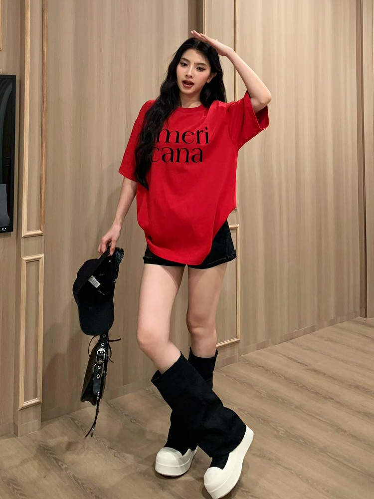 Korean Style Loose Casual Short Sleeve T-Shirt for Women with American Letter Print - Summer Round Neck Couple Top Korean Style Loose Casual Short Sleeve T-Shirt for Women with American Letter Print - Summer Round Neck Couple Top