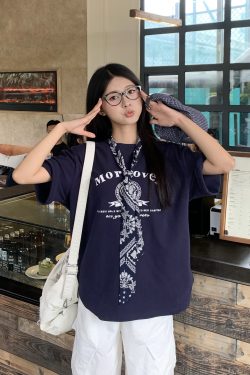 Korean Style Loose Fit Short Sleeve T-Shirt for Women with Scarf - Printed 2025 Summer Top - Casual American Fashion