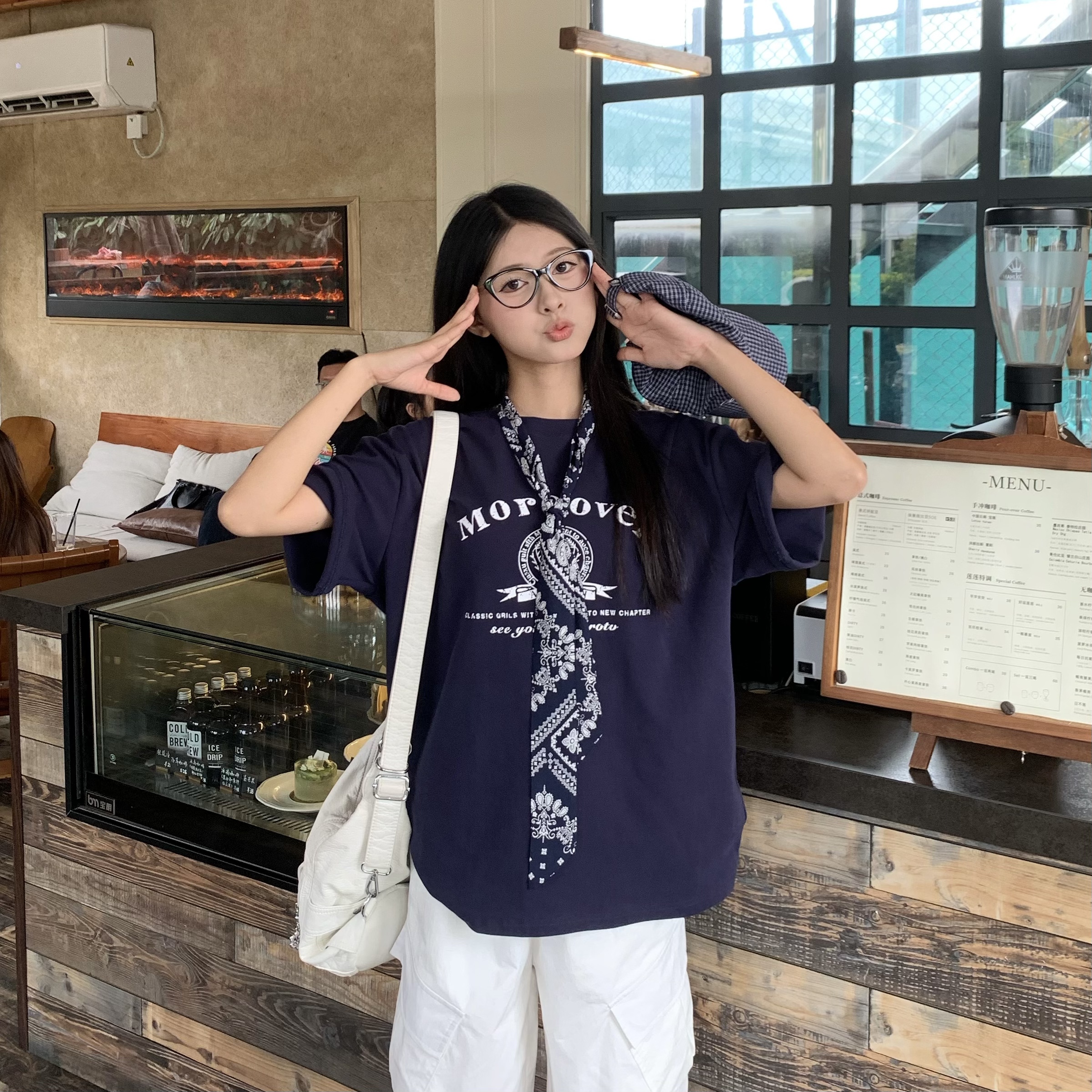 Korean Style Loose Fit Short Sleeve T-Shirt for Women with Scarf - Printed 2025 Summer Top - Casual American Fashion Korean Style Loose Fit Short Sleeve T-Shirt for Women with Scarf - Printed 2025 Summer Top - Casual American Fashion