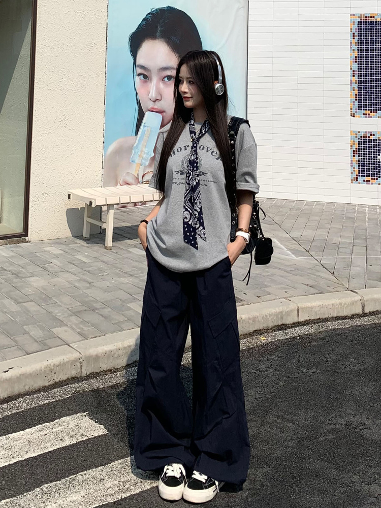 Korean Style Loose Fit Short Sleeve T-Shirt for Women with Scarf - Printed 2025 Summer Top - Casual American Fashion Korean Style Loose Fit Short Sleeve T-Shirt for Women with Scarf - Printed 2025 Summer Top - Casual American Fashion