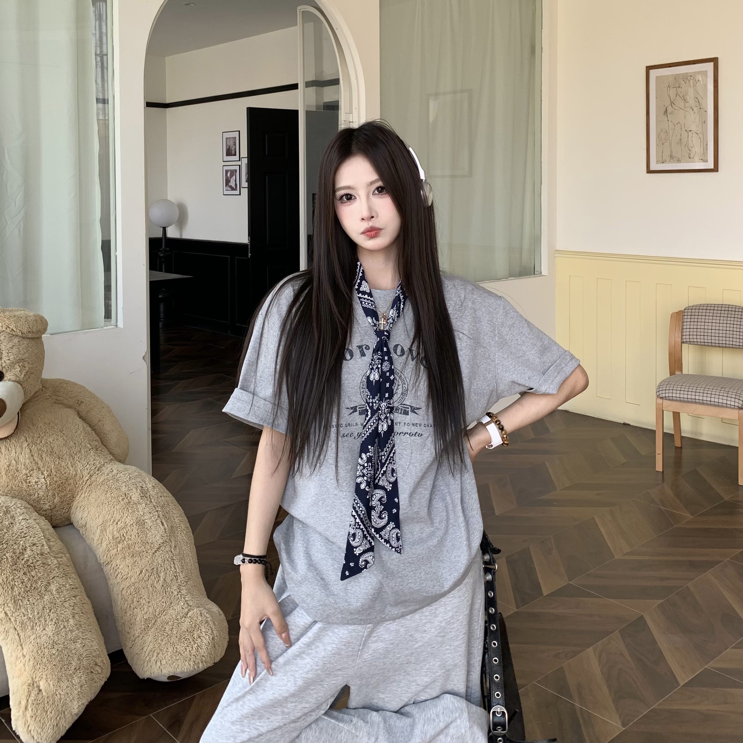 Korean Style Loose Fit Short Sleeve T-Shirt for Women with Scarf - Printed 2025 Summer Top - Casual American Fashion Korean Style Loose Fit Short Sleeve T-Shirt for Women with Scarf - Printed 2025 Summer Top - Casual American Fashion