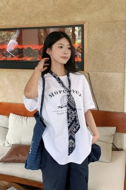 Korean Style Loose Fit Short Sleeve T-Shirt for Women with Scarf - Printed 2025 Summer Top - Casual American Fashion