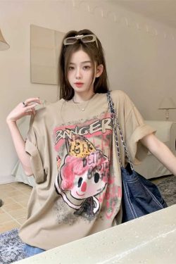 Korean-Style Mid-Length Cartoon Print Plus Size Cotton Short Sleeve T-Shirt for Women - Loose Fit Versatile Round Neck Top
