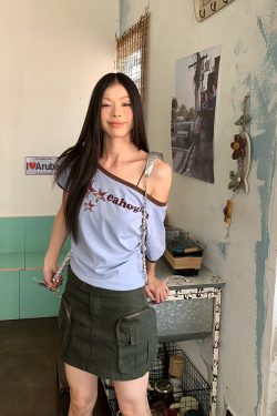 Korean Style Off-Shoulder Letter Print Short Sleeve T-Shirt for Women - Sexy Casual Slim Fit Top