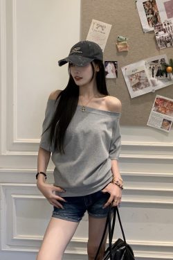 Korean Style One-Shoulder Short Sleeve T-Shirt for Women - Loose Fit Slimming Asymmetrical Off-Shoulder Top in Solid Color