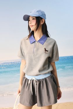 Korean-Style Retro College Plaid Collar Fake Two-Piece Color-Blocked Embroidered Polo Shirt