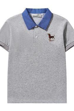 Korean-Style Retro College Plaid Collar Fake Two-Piece Color-Blocked Embroidered Polo Shirt