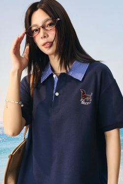 Korean-Style Retro College Plaid Collar Fake Two-Piece Color-Blocked Embroidered Polo Shirt