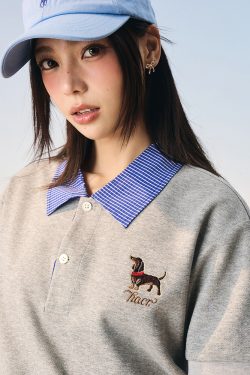 Korean-Style Retro College Plaid Collar Fake Two-Piece Color-Blocked Embroidered Polo Shirt