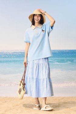 Korean-Style Retro College Plaid Collar Fake Two-Piece Color-Blocked Embroidered Polo Shirt