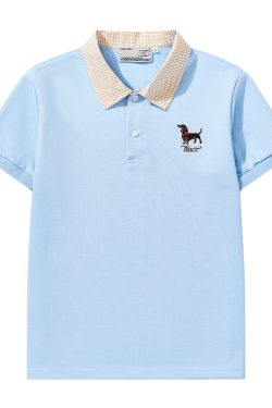 Korean-Style Retro College Plaid Collar Fake Two-Piece Color-Blocked Embroidered Polo Shirt