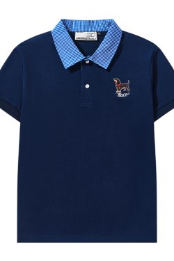 Korean-Style Retro College Plaid Collar Fake Two-Piece Color-Blocked Embroidered Polo Shirt