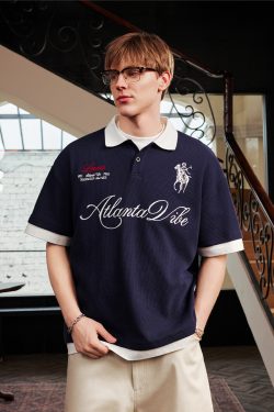 Korean-Style Retro Jersey Polo Shirt with Embroidered Collar - Short Sleeve Fake Two-Piece Design