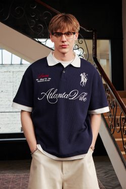 Korean-Style Retro Jersey Polo Shirt with Embroidered Collar - Short Sleeve Fake Two-Piece Design