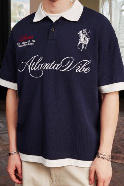 Korean-Style Retro Jersey Polo Shirt with Embroidered Collar - Short Sleeve Fake Two-Piece Design