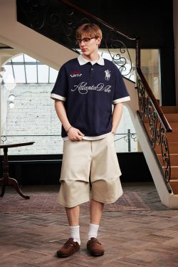 Korean-Style Retro Jersey Polo Shirt with Embroidered Collar - Short Sleeve Fake Two-Piece Design