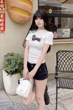 Korean-Style Retro Sausage Dog Printed Short Sleeve T-Shirt for Women, Slim-Fit Summer Top, Stretchy and Flattering Design