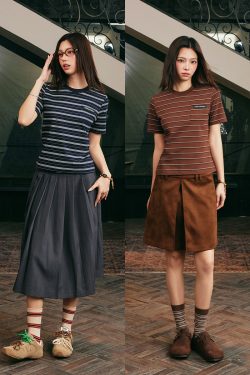 Korean-Style Retro Striped Slim-Fit Short Sleeve T-Shirt for Spring and Summer – 90s Miu-Inspired Fashion Top