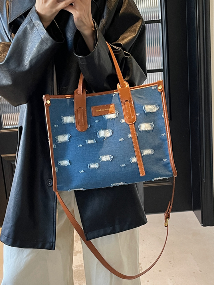 Korean-Style Ripped Denim Tote Bag for Women - Large Capacity Shoulder Crossbody Bag for Commuting - 2025 Fashion Trend Korean-Style Ripped Denim Tote Bag for Women - Large Capacity Shoulder Crossbody Bag for Commuting - 2025 Fashion Trend